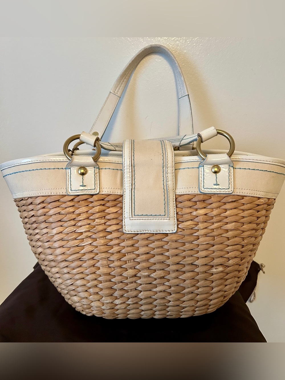 Coach Y2K wicker tote, with white trim and aqua blue stitch-ing. Purse Charm - Picture 5 of 10